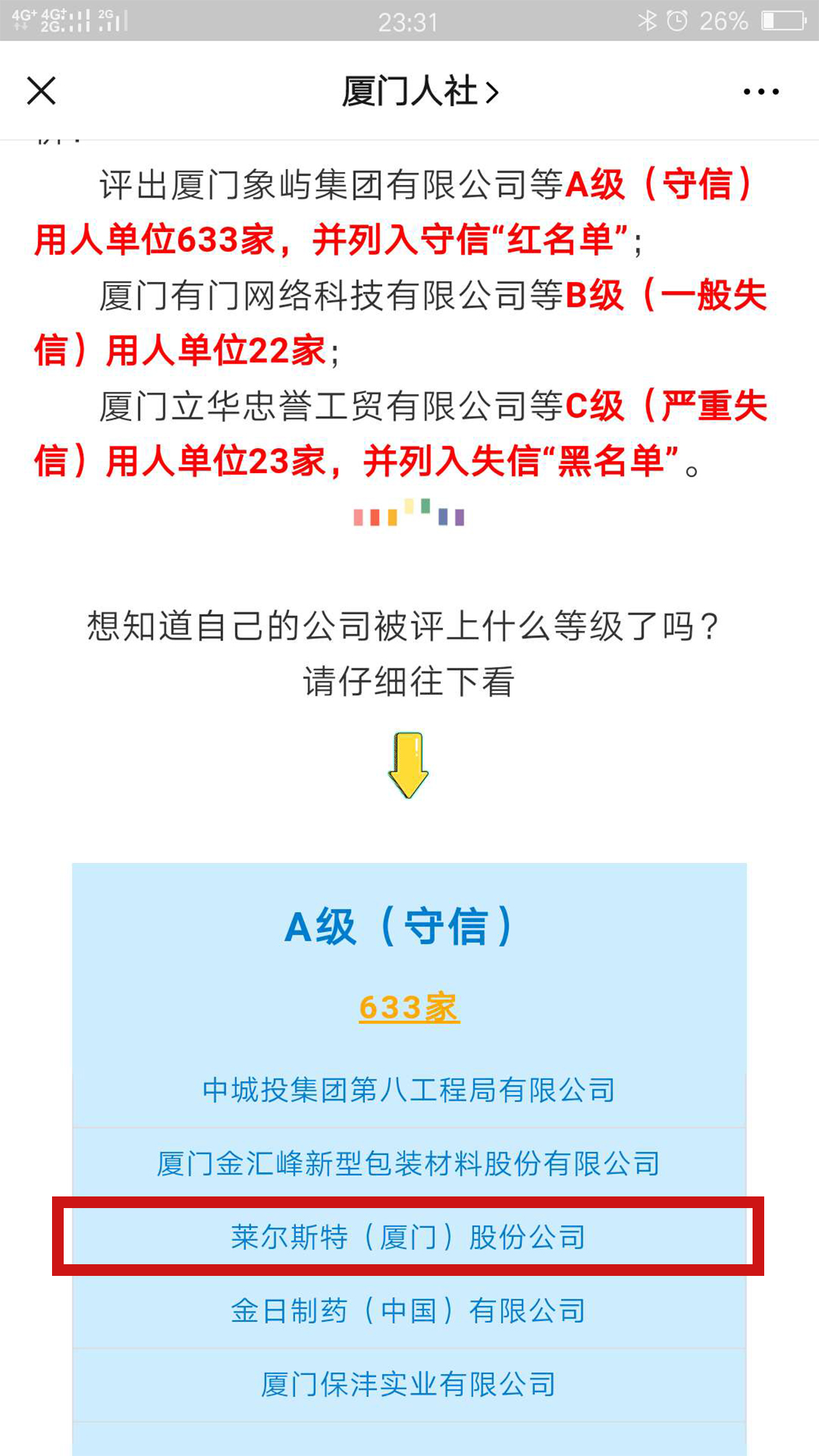 勞動保障守法誠信等級評價結果圖